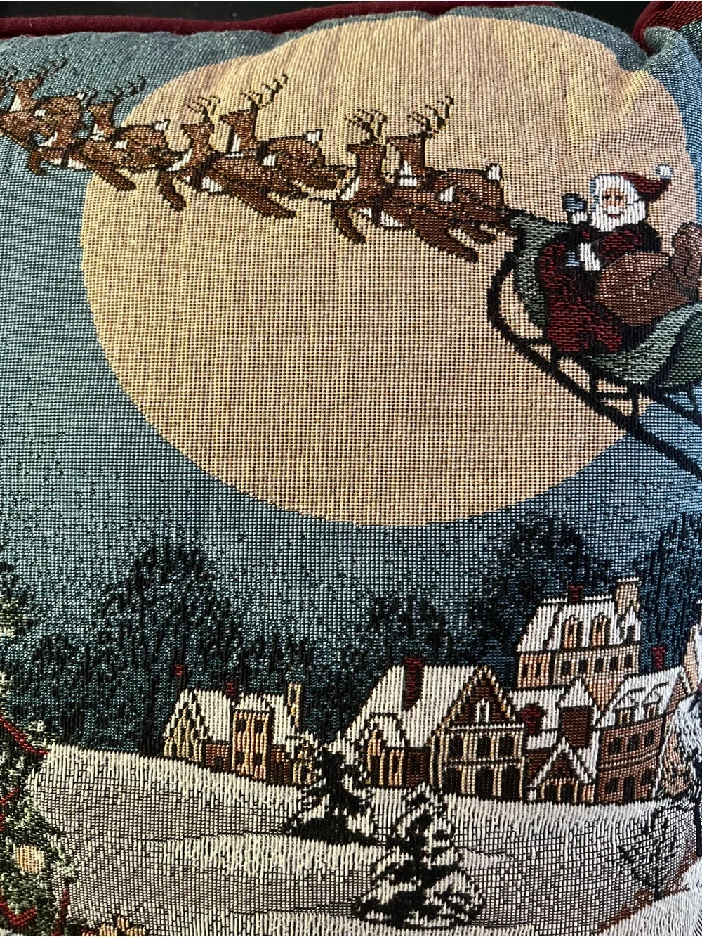 Portobello vintage Christmas Tapestry Throw Pillow Santa Winter Village 18”